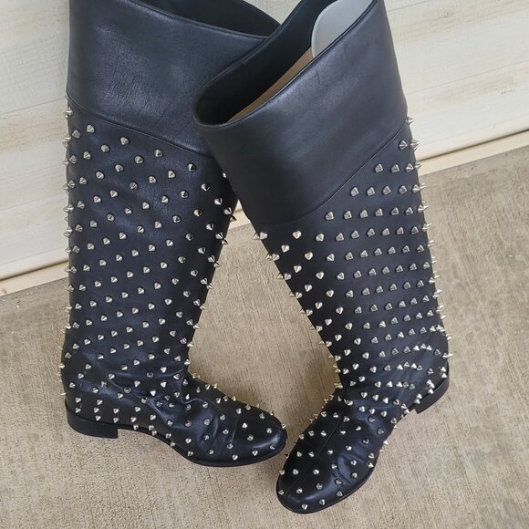 Christian Louboutin Studded Flat Boots Knee Black Shoes MENEBOOT IT 37 US 6.5-7 - Picture 10 of 14
